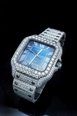 OEM أزرق المحدد الجليدي خارج Moissanite ساعة كارتييه Bussdown ساعة